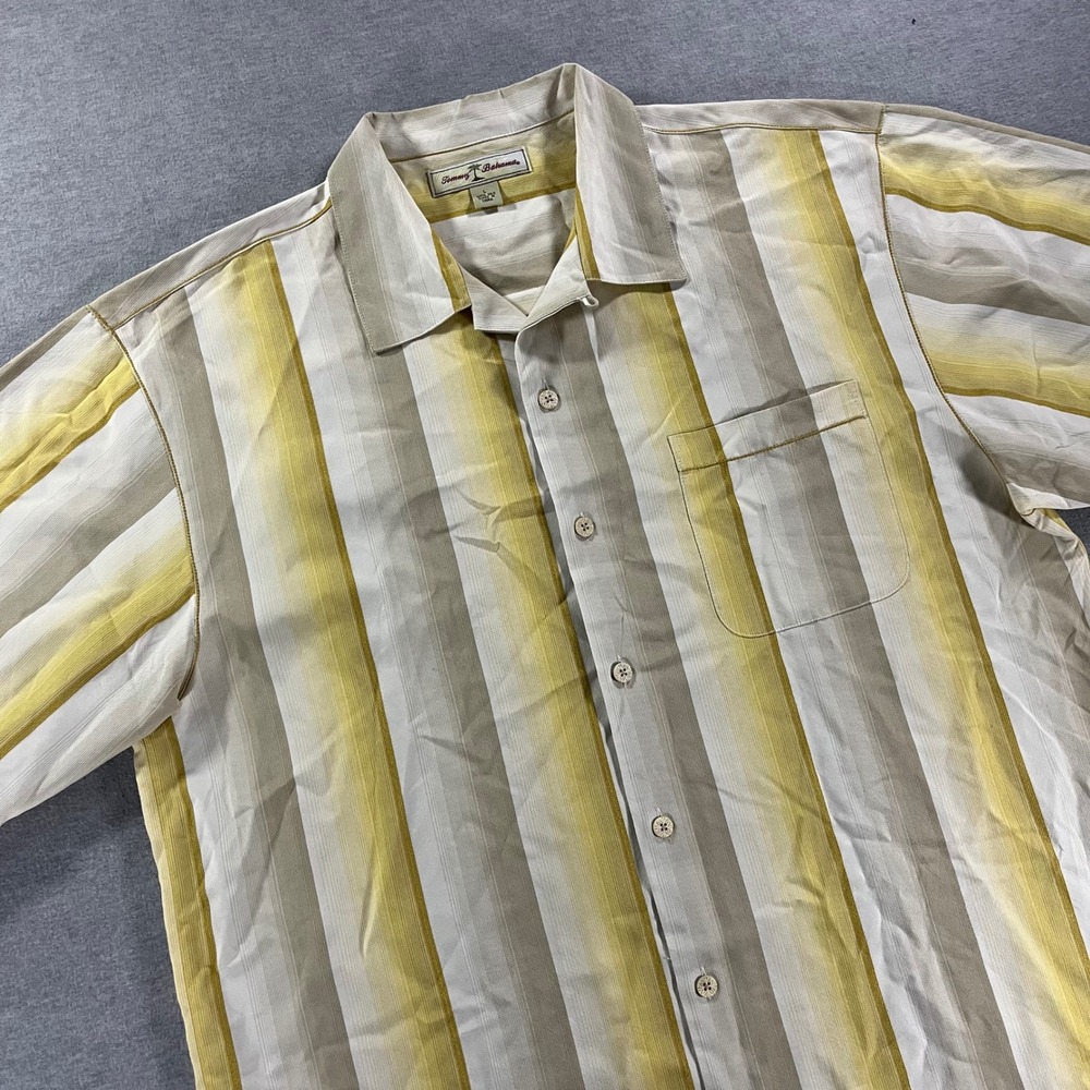 Tommy Bahama Mens Large 100% Silk Yellow Tan Striped Short Sleeve Camp Shirt
